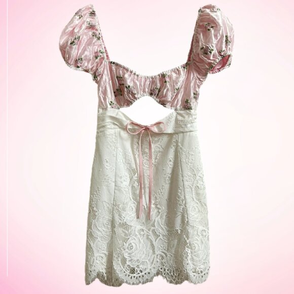 For Love & Lemons London Mini Dress Pink White Lace Size S Romantic Party - Picture 13 of 13